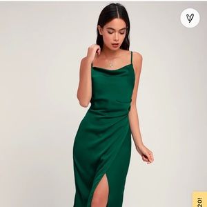 Lulu’s Hollywood Woman Forest Green Satin Midi Dress